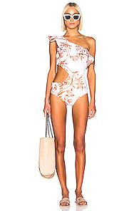 Johanna Ortiz Leyenda Tropical One Piece In Brown,floral,neutral,orange,pink