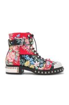 Alexander Mcqueen Studded Leather Combat Boots In Floral,red,black