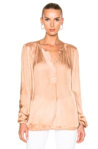 Raquel Allegra Liquid Satin Ribbon Placket Blouse In Neutrals