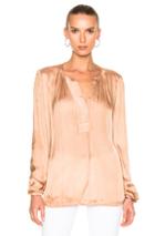Raquel Allegra Liquid Satin Ribbon Placket Blouse In Neutrals