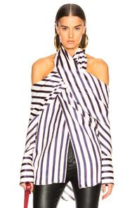 Monse Pinstripe Wrap Neck Top In Blue,stripes,white