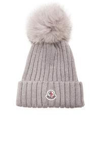 Moncler Fur Pom Ribbed Beanie In Gray