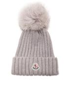Moncler Fur Pom Ribbed Beanie In Gray