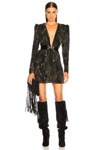Saint Laurent Camouflage Plunging Mini Dress In Abstract,green