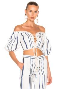 Roberto Cavalli Lace Up Cropped Top In Blue,neutrals,stripes