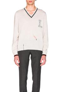 Lanvin Open Stitch Stripe Details V Neck Sweater In Neutrals