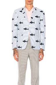 Thom Browne Seersucker Shark Embroidery Blazer In Abstract,blue,stripes