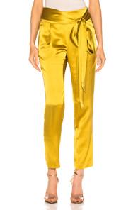 Michelle Mason Pleat Pant With Tie In Metallic,yellow