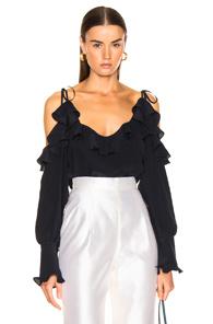 Stella Mccartney Ruffle Cold Shoulder Top In Blue