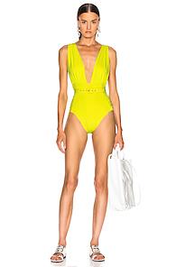 Nicholas Plunge Ruched Swimsuit In Yellow