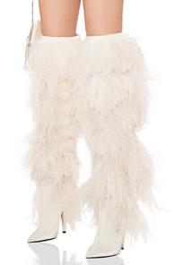 Saint Laurent Era Feather Embellished Velvet Yeti Thigh High Boots In White