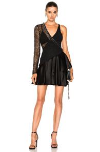 David Koma One Sleeve Macrame Ruched Asymmetric Hem Dress In Black