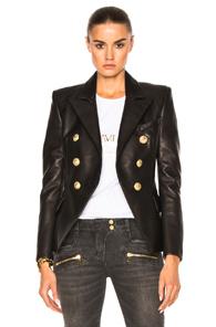 Balmain Double Breasted Leather Blazer In Black