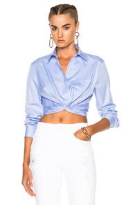 T By Alexander Wang Cotton Twill Twist Front Long Sleeve Shirt In Blue
