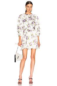 Les Reveries Ruched Sleeve Godet Dress In Floral,purple,white