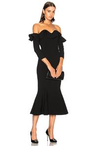 Oscar De La Renta Ruffled Off Shoulder Cocktail Midi Dress In Black