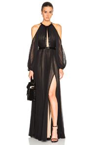 J. Mendel Silk Chiffon Halterneck Long Sleeve Gown In Black