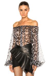 Saint Laurent Leopard Print Off The Shoulder Blouse In Animal Print,gray