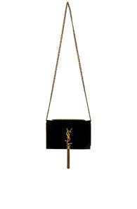 Saint Laurent Small Velvet Monogramme Kate Tassel Chain Bag In Black