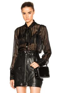Frame Denim Tie Neck Top In Black,stripes,metallics