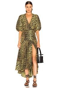 Ganni Printed Cotton Dress In Animal Print,yellow