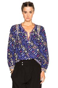Isabel Marant Tyron Embroidered Printed Silk Blouse In Blue,abstract