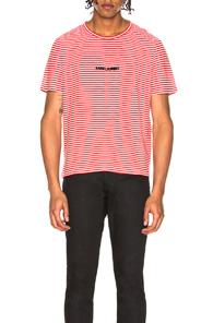 Saint Laurent Striped Logo Tee In Red,white,stripes