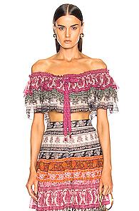Zimmermann Amari Off Shoulder Tiered Top In Floral,green,pink,orange