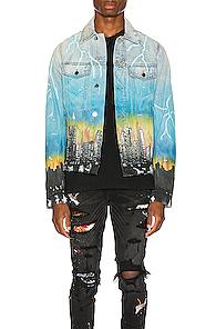 Amiri City Dragon Trucker Jacket In Animal Print,blue,denim Light