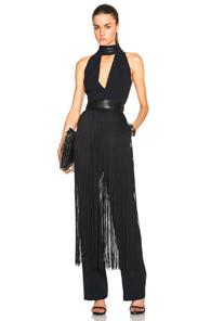 Tamara Mellon Crepe Fringe Jumpsuit In Black