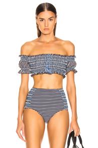 Jonathan Simkhai Off Shoulder Bikini Top In Blue,gray,stripes