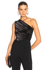 Mugler Stretch Lame One Shoulder Bodysuit In Black,metallics