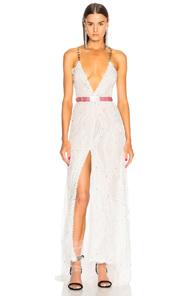Alessandra Rich Crystal Embroidered Plunging Lace Gown In White