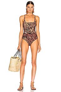 Ganni Tiger Print Swimsuit In Animal Print,brown