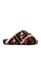 Fendi Logo Print Shearling Cross Strap Slides In Pink,brown