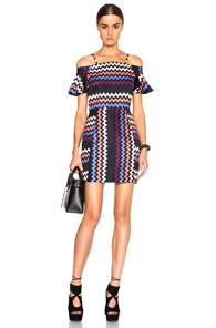 Msgm Off The Shoulder Zig Zag Dress In Black,stripes,blue