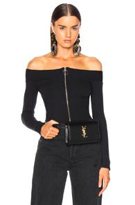 Enza Costa Rib Exposed Shoulder Zip Front Long Sleeve In Black