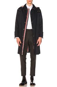 Thom Browne Snap Front Mackintosh In Navy,stripes
