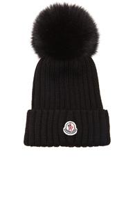 Moncler Fur Pom Ribbed Beanie In Black
