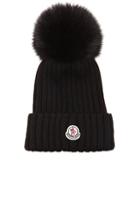 Moncler Fur Pom Ribbed Beanie In Black
