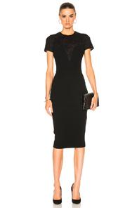 Victoria Beckham Matte Crepe & Lace Insert Short Sleeve Fitted Dress In Black