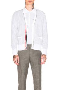 Thom Browne Seersucker Jacquard V-neck Cardigan In Stripes,white