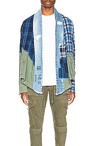 Greg Lauren Army Kimono In Blue,denim Light,green,plaid