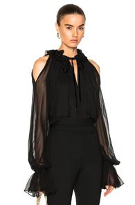 Jonathan Simkhai Ruffle Silk Cold Shoulder Top In Black
