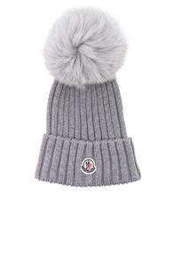 Moncler Berretto Beanie With Fox Fur Pom In Gray