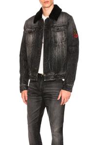 Saint Laurent Shearling Trim Denim Jacket In Black,gray