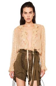 Saint Laurent Polka Dot Georgette Ruffle Front Blouse In Geometric Print,neutral,metallics