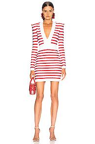 Balmain V Neck Tricolored Stripe Dress In Red,stripes,white