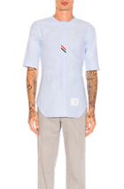 Thom Browne Collarless Short Sleeve Oxford In Blue