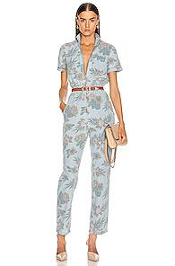 Mother The Zip Up Short Sleeve Jumpsuit In Blue,floral